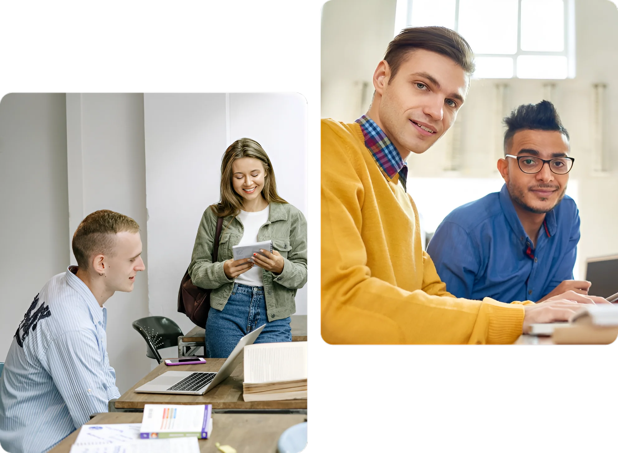 Two pictures of people in a room.