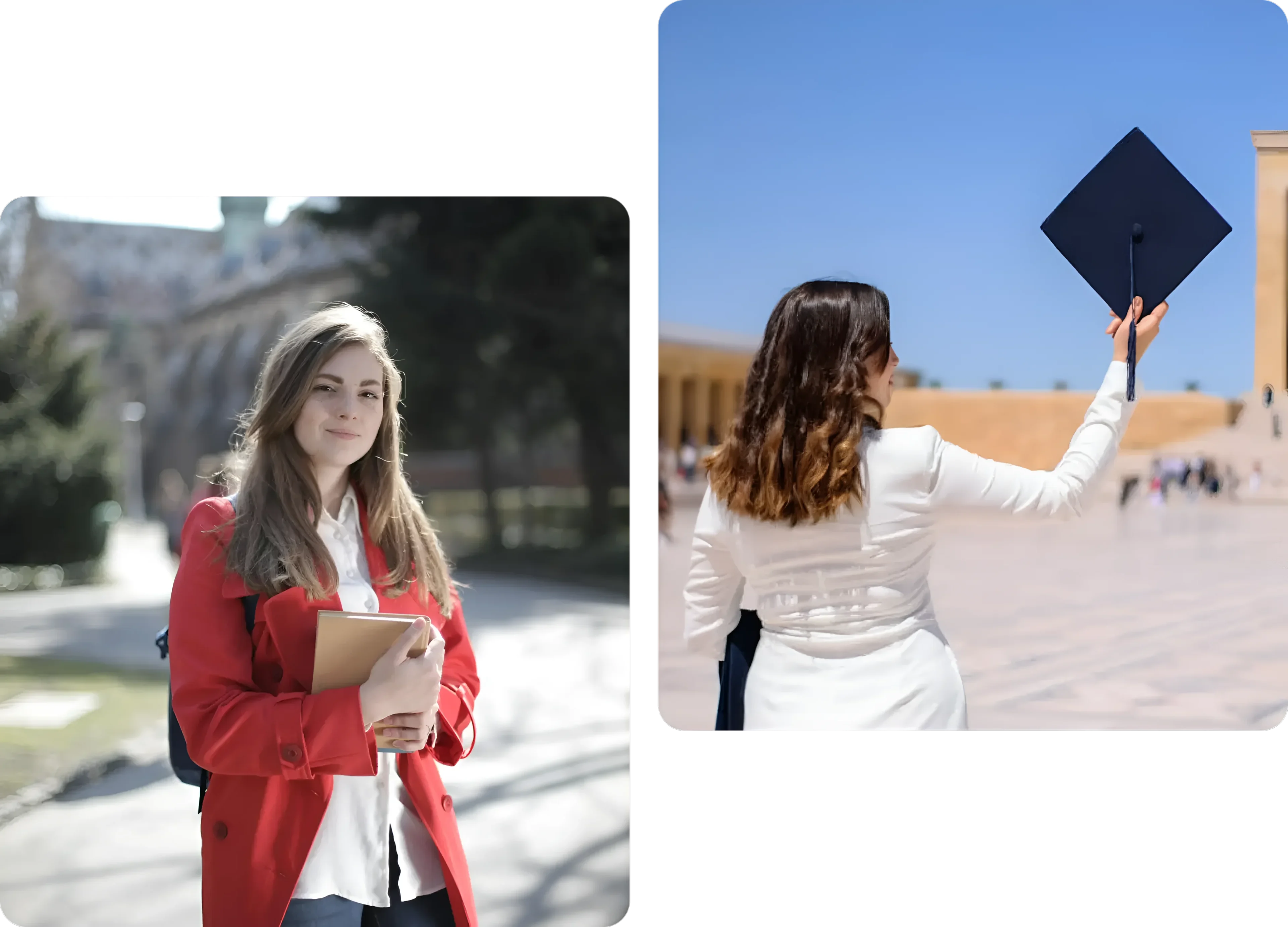 A woman in red jacket and white shirt holding a book.