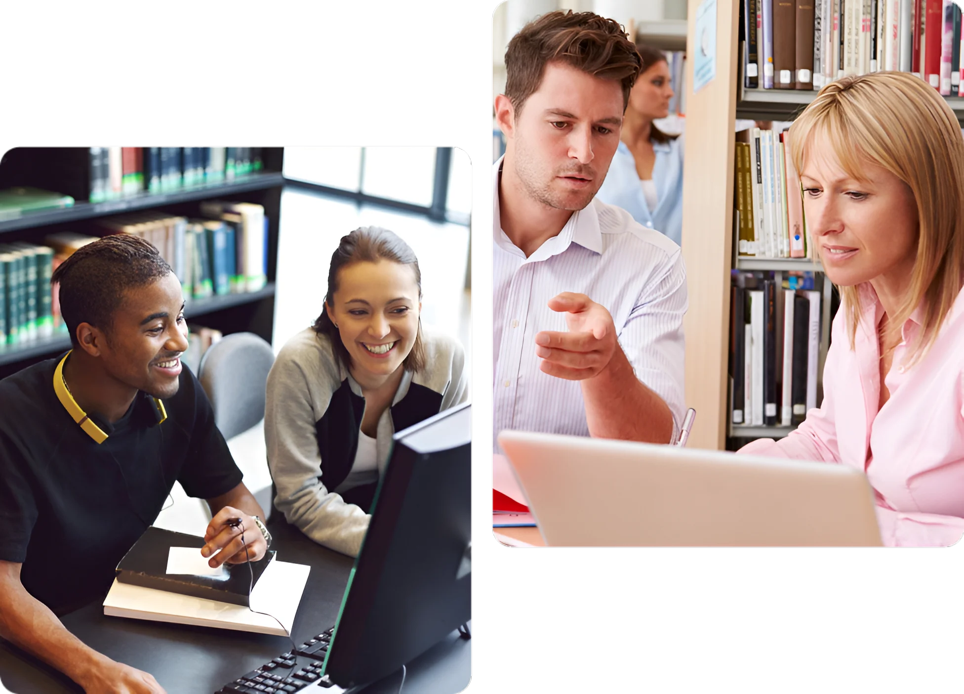 A collage of people sitting at tables with laptops.