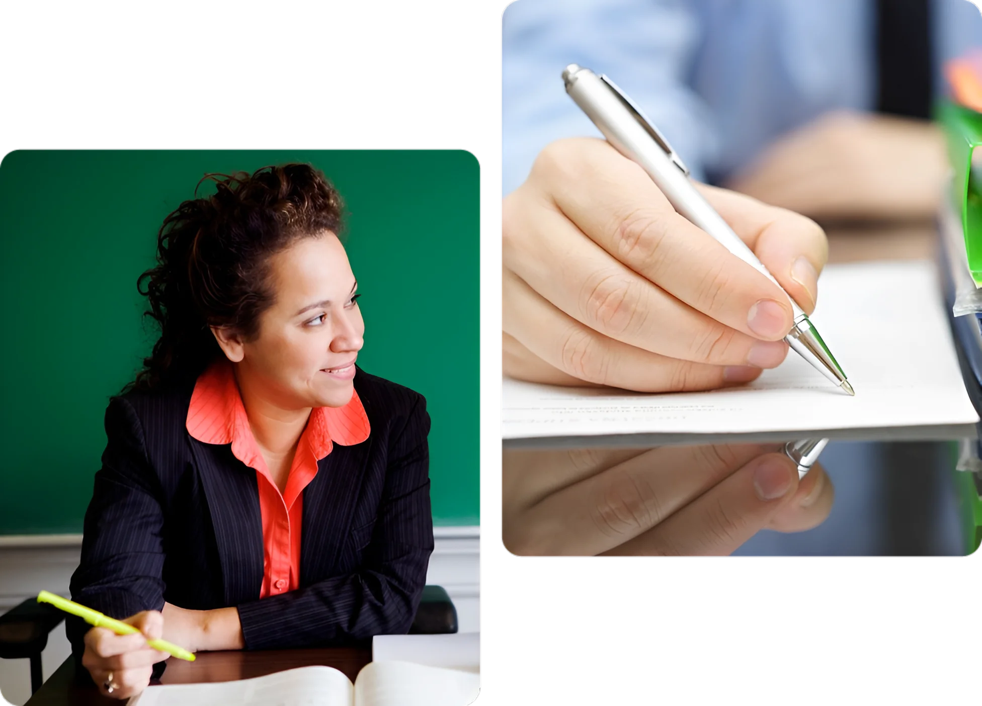 A woman sitting at a table with papers and pens.