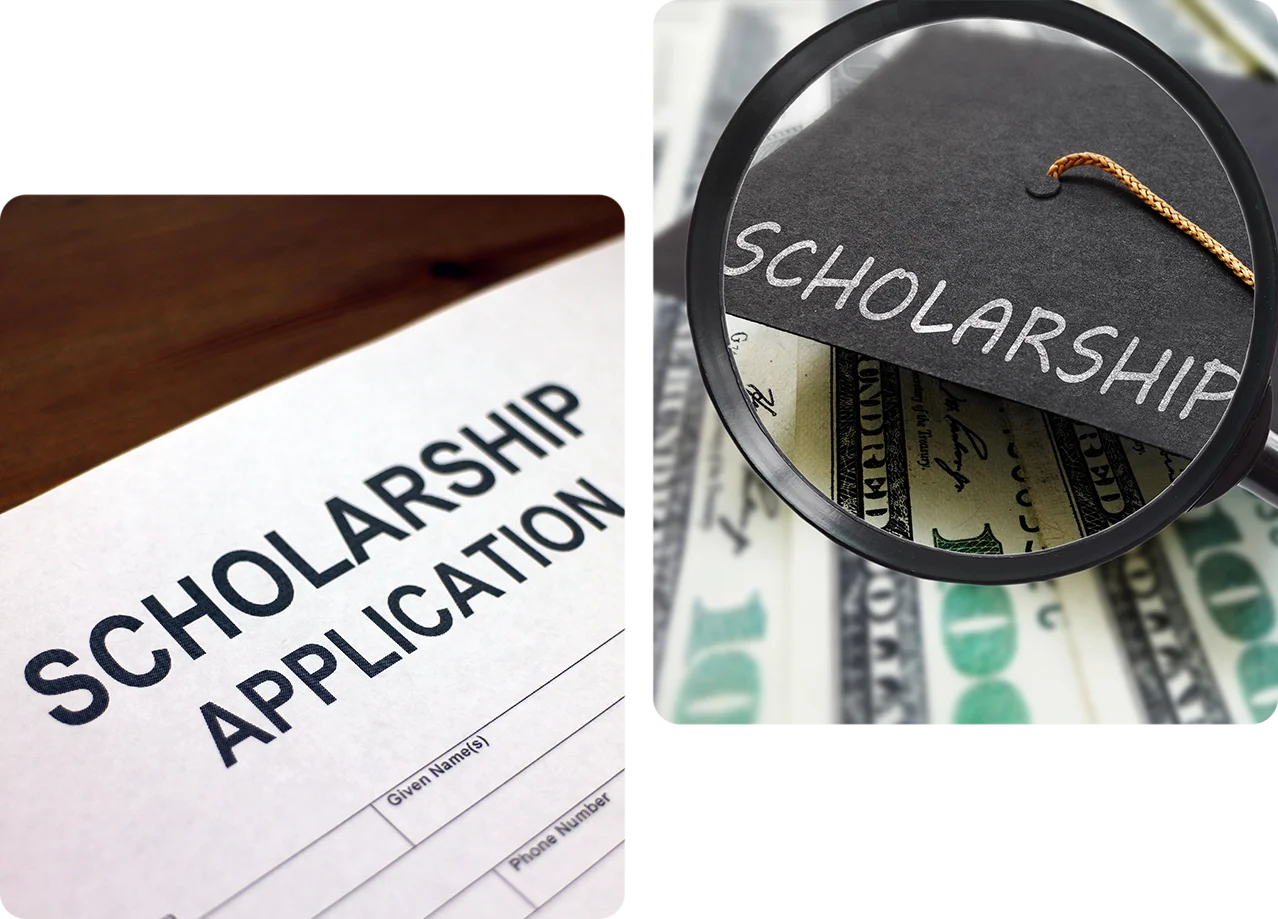 A scholarship application and money with magnifying glass.