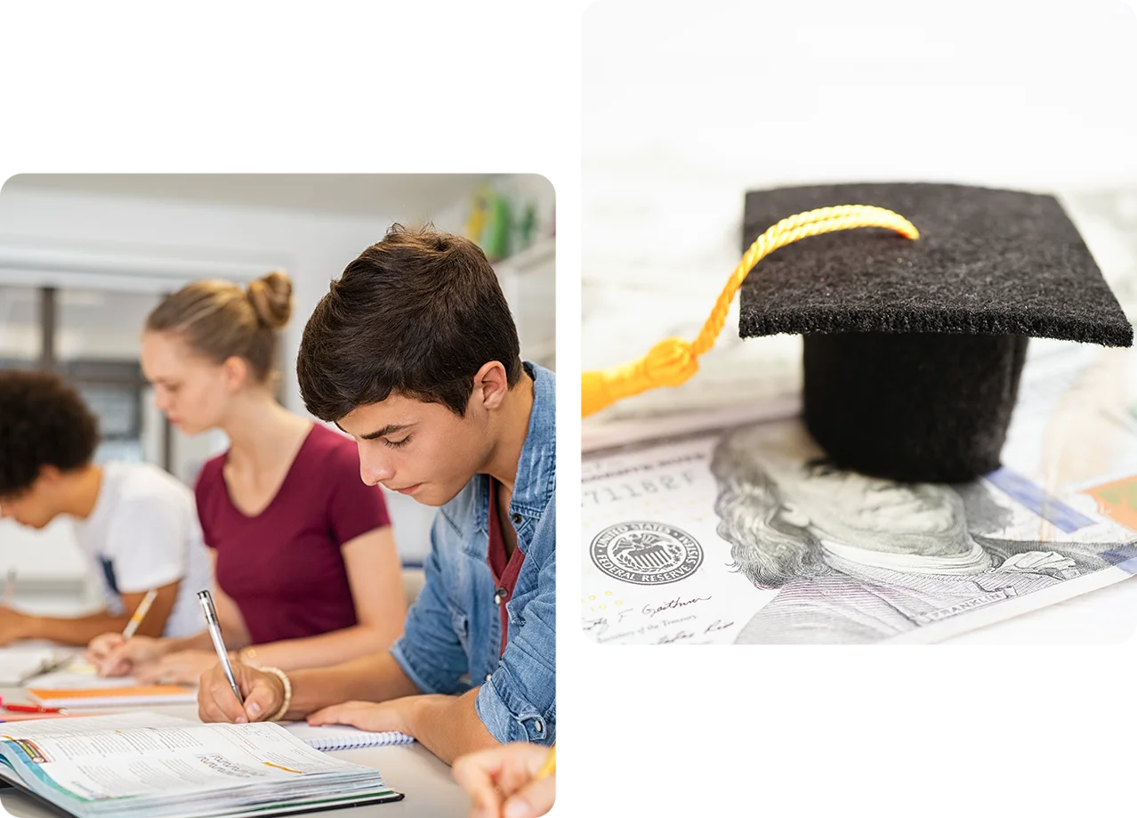 A collage of two pictures with students and an image of a cap.