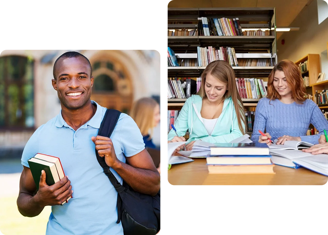 Two pictures of people in a library, one with books and the other with a book bag.