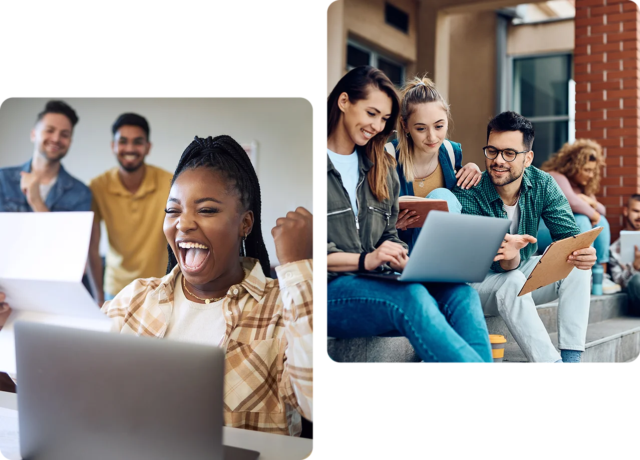 Two pictures of people sitting on a couch and one is laughing