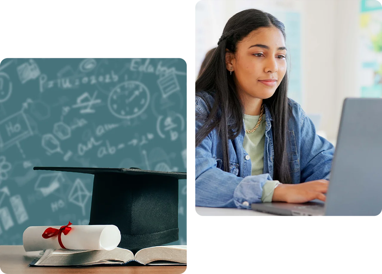 A girl is sitting at her desk and looking at the computer screen.