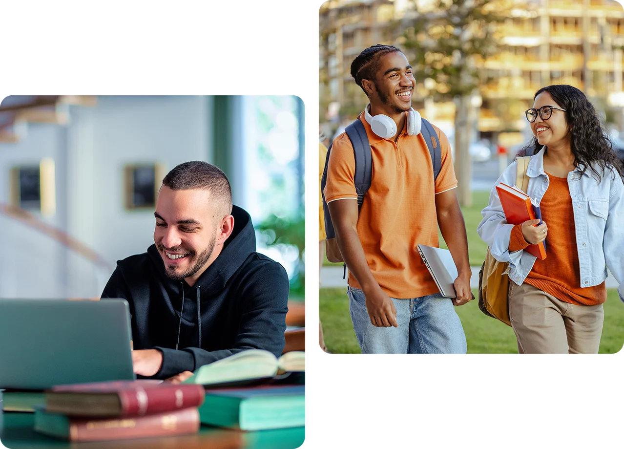 Two pictures of people with books and a laptop.